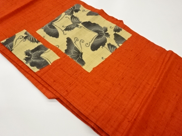 手織り紬色紙に蝶模様織出し名古屋帯